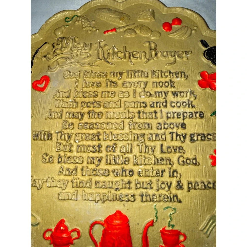 Vintage‎ My Kitchen Prayer Wall Plaque 3D Raised Kitchen Decor Teapot Gold 8.5
